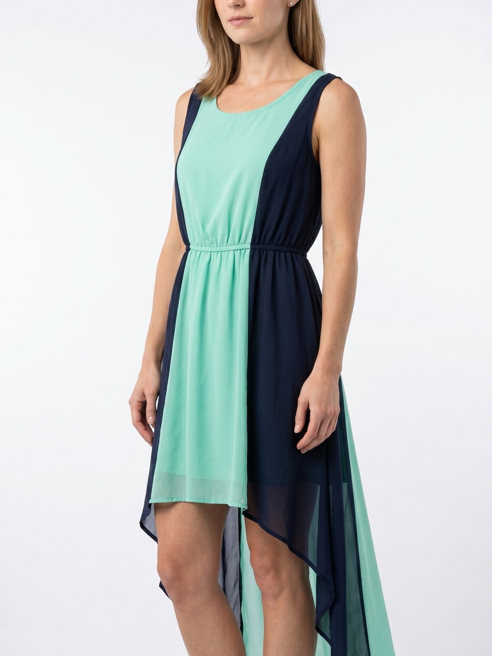 Sleeveless High-Low Colorblock Dress in Mint and Navy